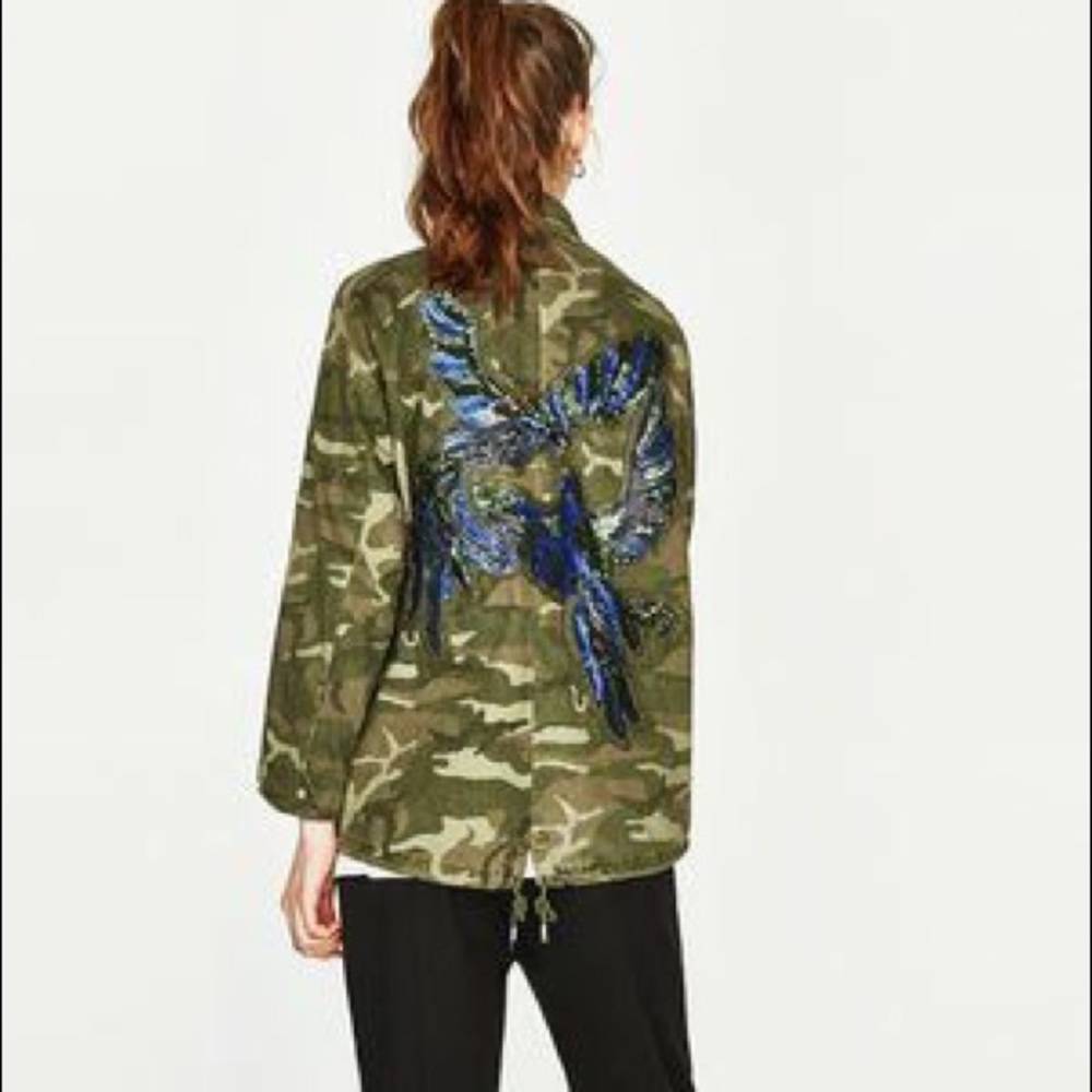 NWT Zara Bird Sequin Camo Printed Parka Jacket